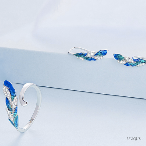 Peacock Feather Earrings and Ring Set