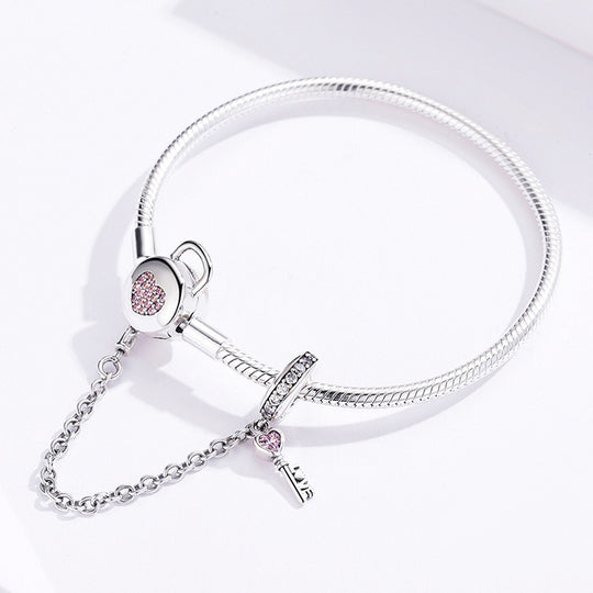 Charm Bracelet with Heart Clasp and Safety Lock - 925 Silver